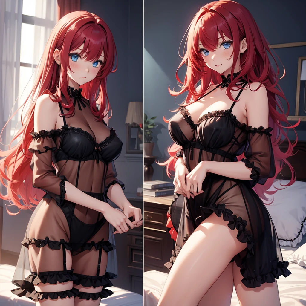 2girls, crimson hair, long hair, blue eyes, top quality, anime girl, dress babydoll, black babydoll,((see-through)), lingerie, ((frilly babydoll)), off shoulder, ((see-through)), off  Thigh, ((see-through)), bed background