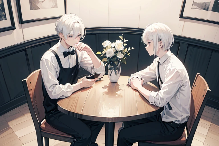monochrome,masterpiece, illustration, best quality, best aathetic,male focus,Two men sitting at a table,sit across from each other,cafe,Low angle and full shot, overhead shot,from above,shirt,18 years old,white hair,short hair,Round table,looking away:1.4,