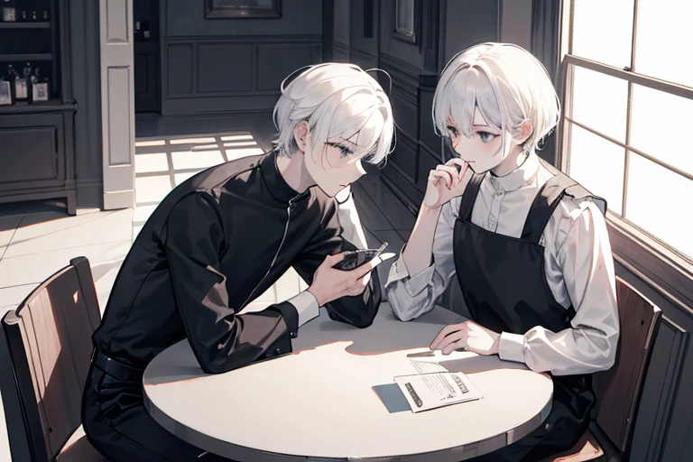 monochrome,masterpiece, illustration, best quality, best aathetic,male focus,Two men sitting at a table,sit across from each other,cafe,Low angle and full shot, overhead shot,from above,shirt,18 years old,white hair,short hair,Round table,looking away:1.4,