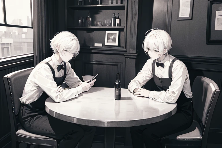 monochrome,masterpiece, illustration, best quality, best aathetic,male focus,Two men sitting at a table,sit across from each other,cafe,Low angle and full shot, overhead shot,from above,shirt,18 years old,white hair,short hair,Round table,looking away:1.4,