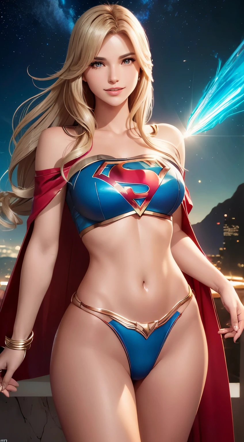 high cinematic quality, fotografia profissional, cena de fantasia, Supergirl stopping a missile, supergirl usa terno preto e dourado, terno sexy,com uma camada flutuante e um "s" No peito. Totally sexy in sensual dynamic pose, Fantasia Sexy Supergirl . She puts her hands in her blonde hair in a sensual way, sorriso lindo com dentes perfeitos e brancos. 