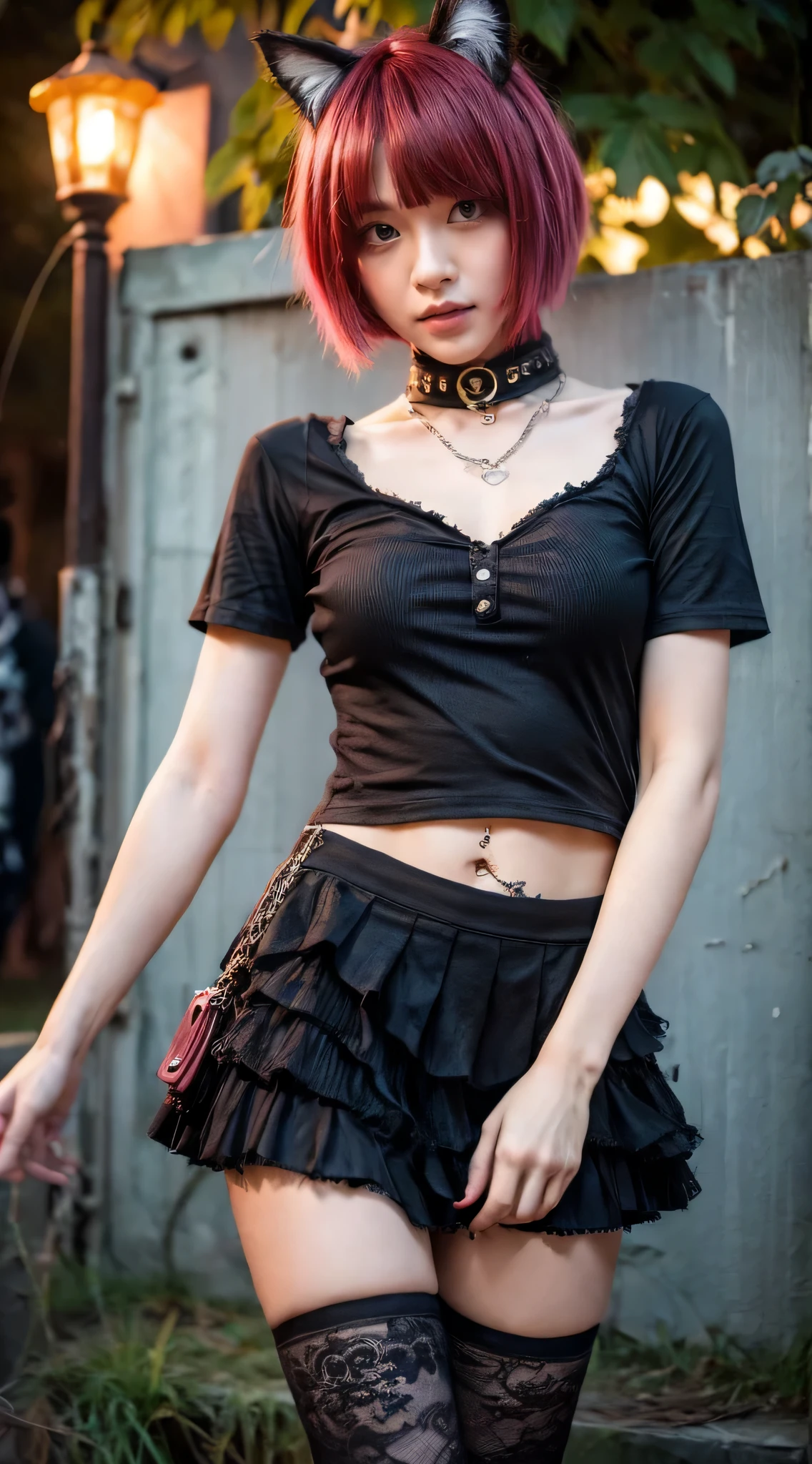 (Ultra-detailed eyes), (((textile shading))), (((Best Quality))), (((masterpiece))), (((Ultra-detailed CG))), sassy girl, (((magical little girl))), (Petite), (tiny chest), red hair, ((wolfcut emo hair without bangs, gorgeous hair)), Spooky Season In Punk outfit, Spooky Season In Punk outfit, vibrant Spooky Season In Punk scene, Spooky Season In Punk, Spooky Season In Punk ambiance, Spooky Season In Punk at the front of haunted house:0.2 Spooky Season In Punk image of a women Spooky Season In Punk outfit, immersed in the vibrant atmosphere of a front haunted house. His attire reflects the fashion trends of the Spooky Season In Punk. The Spooky Season In Punk haunted house scene alive with pulsating lights, a lively haunted house, The Spooky Season In Punk ambiance transports viewers back to the spooky and punk era, capturing the spirit of spooky and punk, and self-expression that defined the Spooky Season In Punk culture. heart panel baby tee, black pleated mini skirt, pastel color