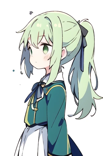 Expressionless face，Anime Style，profile，White background，Green Hair，ponytail，ribbon, One girl,Bright green eyes,uniform，