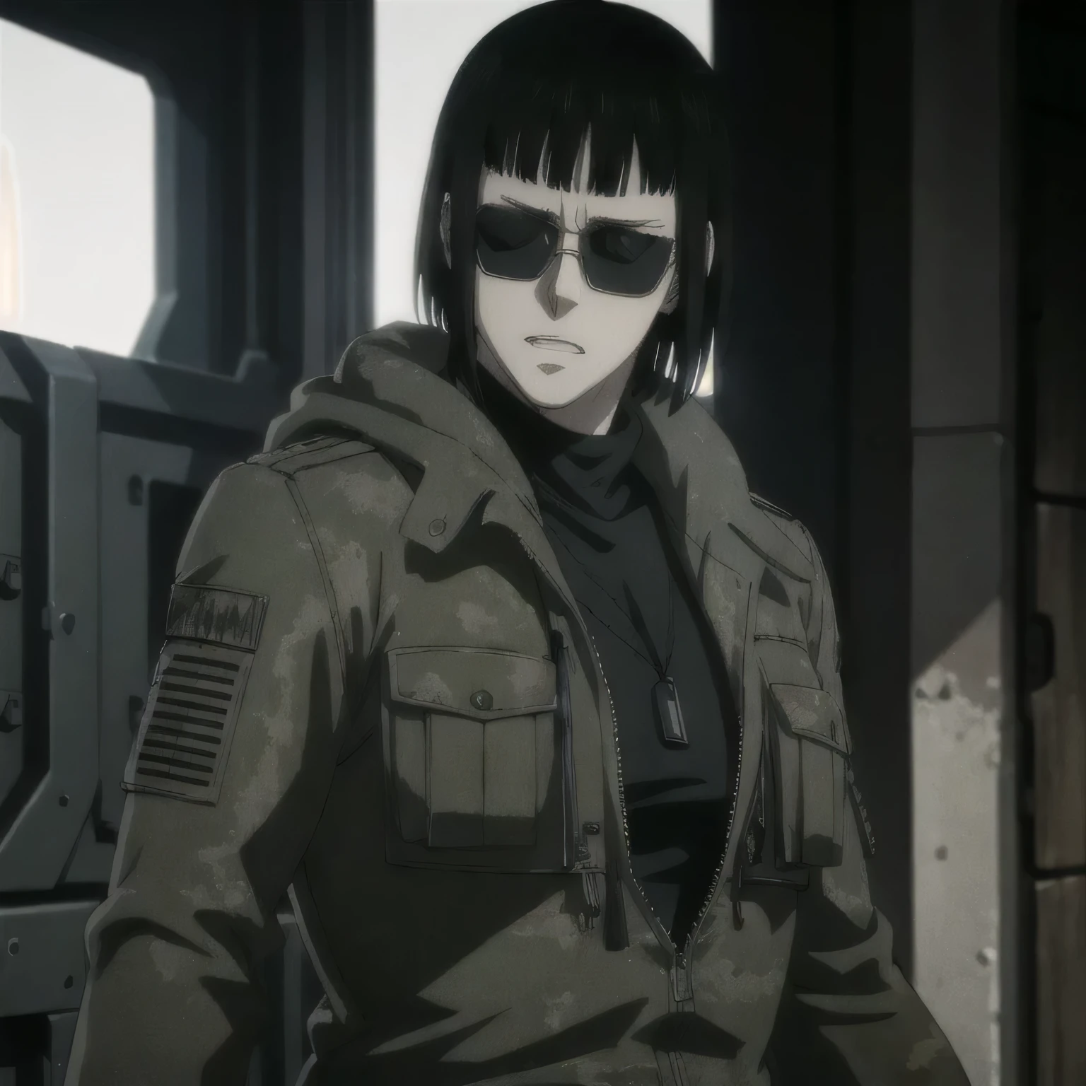 (best quality,ultra-detailed,realistic:1.37),musclaur badass girl wearing leather jacket Camouflage combat trousers, full review of the female character's face and body, intense expression, strong and confident posture, studio lighting, vivid colors, physiologically-based rendering, grungy texture, rugged background, dust particles in the air, commanding presence, professional, powerful, gritty aesthetics,,Valmet،short hair,necklace,sunglasses,