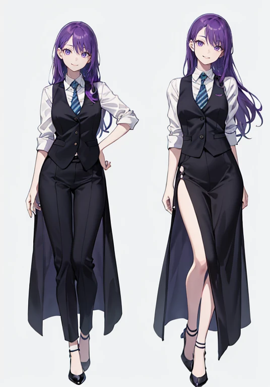 ((Perfect Face)),Purple Hair,Long Hair,1 female,bartender,suit,Black vest,Shirt with rolled up sleeves,tie,slit,High heels,Stand with your feet shoulder-width apart,Beautiful posture,Hall々Stand with,,((Simple Background)),smile,((whole body)),((Full Body)),((full body)),Portraiture,virtual,upright,,((Both arms are down)),Standing upright with face and body facing forward,