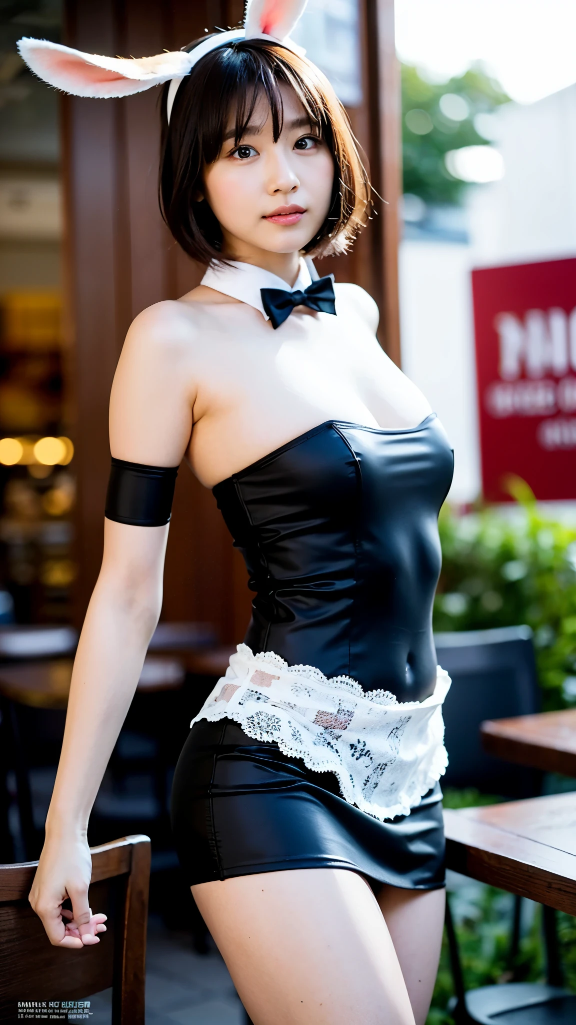 RAW photo, 1 girl, incredibly absurd, 20-year-old, beautiful girl, (cute), (short hair), photo shoot, realistic, Depth of the bounds written, High resolution, Super detailed, delicate, very detailed, highly detailed eyes and face, sharp pupils, realistic waitress costume, sharp focus, Backlight LED lighting, Cafe terrace seating, Eye and face details, (Bunny girl), ta fashion, mini skirt, full body shot full body, (wind lift:1.6), cameltoe, seductive gaze, A bow tie, Rabbit ear headband, (Big breasts that are about to burst), Close-up, perfect body, (look up from below)
