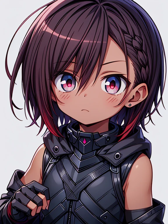 Masterpiece High res, high definition, male dark skin, cute shota,red eyes, dark brown hair, medium dark brown hair,wearing a black exoskeleton, detached sleeves, black armoured Gauntlets, black tech jacket, black bodysuit,black exoskeleton, black fingerless gloves, blue gems, close up
