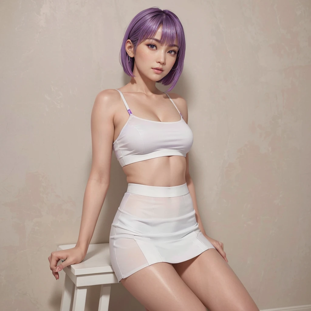 "Ayane" (best quality,4K,8k,High resolution,artwork:1.2), ultra-detailed, realistic:1.37, Portraits, vibrant colors, natural lighting, mesmerizing red eyes, purple hair, flawless face, symmetrical features, perfect body, makeup to correct flaws,