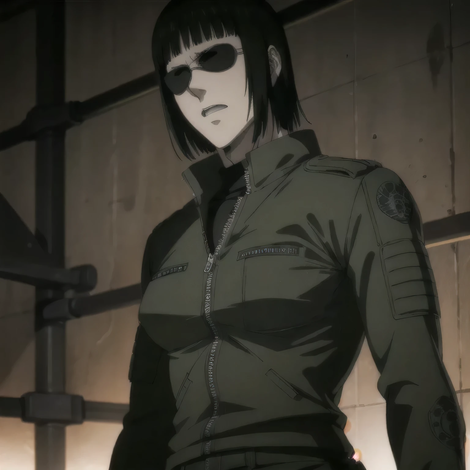 (best quality,ultra-detailed,realistic:1.37),musclaur badass girl wearing leather jacket Camouflage combat trousers, full review of the female character's face and body, intense expression, strong and confident posture, studio lighting, vivid colors, physiologically-based rendering, grungy texture, rugged background, dust particles in the air, commanding presence, professional, powerful, gritty aesthetics,,Valmet،short hair,necklace,sunglasses,
