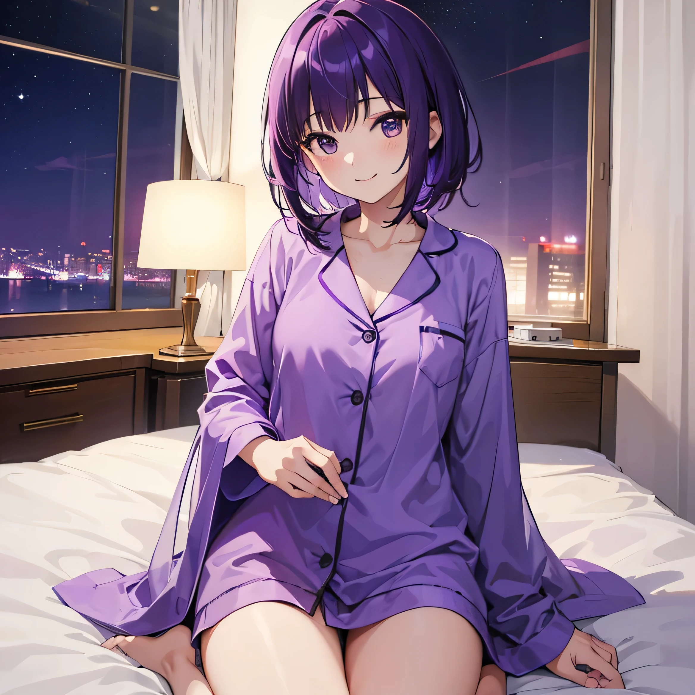 (T Masterpiece,4k wallpaper,Best Quality))、((girl1people))、(solo)、Bright and Brilliant,(Purple Hair)、(Shortcuts:1.3)、smile、Bedroom、pajamas、night