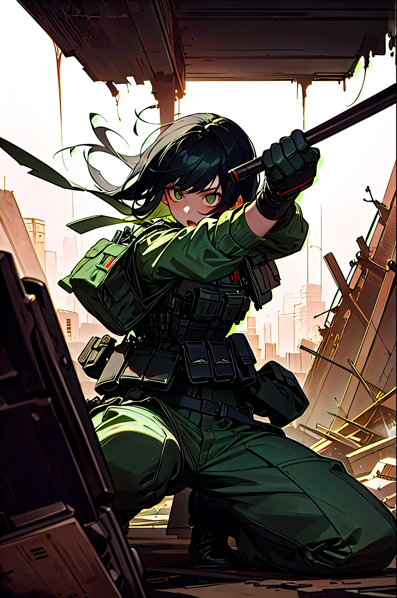 (highest quality,High resolution),1 Girl,Black Hair,Tactical Vest,combat army,Abandoned City,Super detailed,drab lighting,Bright colors,Rough style