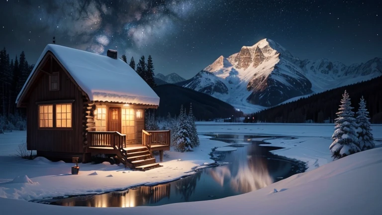 a starry night sky, with the moon shining brightly, the cabin is made of wood and has a roaring fireplace inside. The surrounding area is covered in snow, and there are footprints leading towards the cabin. The cabin is cozy and inviting, with warm and soft lighting. The lake is frozen solid, with a layer of thick ice. The snowy landscape is peaceful and serene, creating a sense of tranquility. The mountains in the distance are majestic and towering, covered in snow. The starry night sky is filled with twinkling stars, creating a magical atmosphere. The moon's reflection can be seen on the frozen lake, adding to the beauty of the scene. The entire image is full of detail and captures the beauty of a winter night in the mountain cabin. [landscape, cabin, frozen lake, winter, panoramic view, mountains, starry night sky, moon, wood, fireplace, snow, footprints, cozy, inviting, warm lighting, peaceful, serene, majestic, towering, twinkling stars, magical, moon reflection]