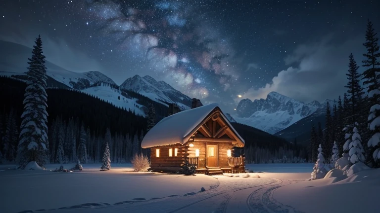a starry night sky, with the moon shining brightly, the cabin is made of wood and has a roaring fireplace inside. The surrounding area is covered in snow, and there are footprints leading towards the cabin. The cabin is cozy and inviting, with warm and soft lighting. The lake is frozen solid, with a layer of thick ice. The snowy landscape is peaceful and serene, creating a sense of tranquility. The mountains in the distance are majestic and towering, covered in snow. The starry night sky is filled with twinkling stars, creating a magical atmosphere. The moon's reflection can be seen on the frozen lake, adding to the beauty of the scene. The entire image is full of detail and captures the beauty of a winter night in the mountain cabin. [landscape, cabin, frozen lake, winter, panoramic view, mountains, starry night sky, moon, wood, fireplace, snow, footprints, cozy, inviting, warm lighting, peaceful, serene, majestic, towering, twinkling stars, magical, moon reflection]