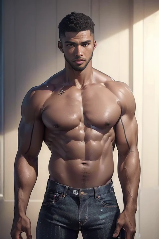 (best quality, 8k, highres, photorealistic:2.0), (solo),(one male:2.0),(black men:1.5),(shirtless black man),(short hair men),(black men hairstyle),(very muscular),(looks young),(very tight denim pants),(Penis erect inside pants)