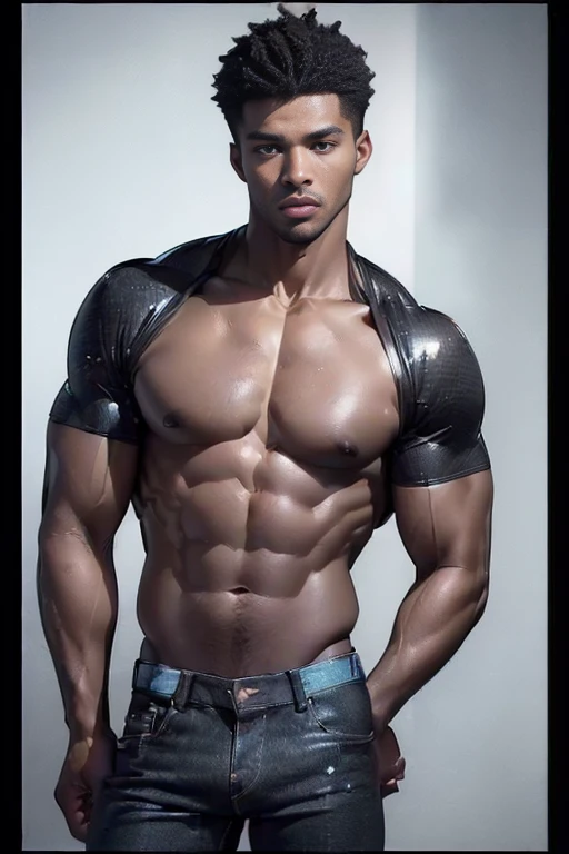 (best quality, 8k, highres, photorealistic:2.0), (solo),(one male:2.0),(black men:1.5),(shirtless black man),(short hair men),(black men hairstyle),(very muscular),(looks young),(very tight denim pants),(????? erect inside pants)