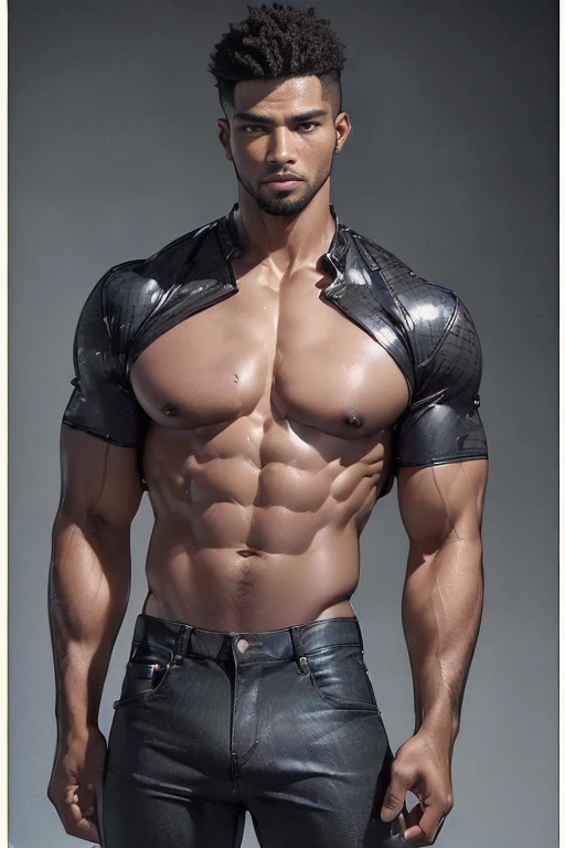 (best quality, 8k, highres, photorealistic:2.0), (solo),(one male:2.0),(black men:1.5),(shirtless black man),(short hair men),(black men hairstyle),(very muscular),(looks young),(very tight denim pants),(Penis erect inside pants)