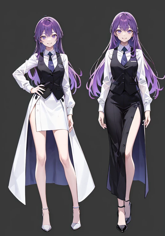 ((Perfect Face)),Purple Hair,Long Hair,1 female,bartender,suit,Black vest,Shirt with rolled up sleeves,tie,slit,High heels,Stand with your feet shoulder-width apart,Beautiful posture,Hall々Stand with,,((Simple Background)),smile,((whole body)),((Full Body)),((full body)),Portraiture,virtual,upright,,((Both arms are down)),Standing upright with face and body facing forward,