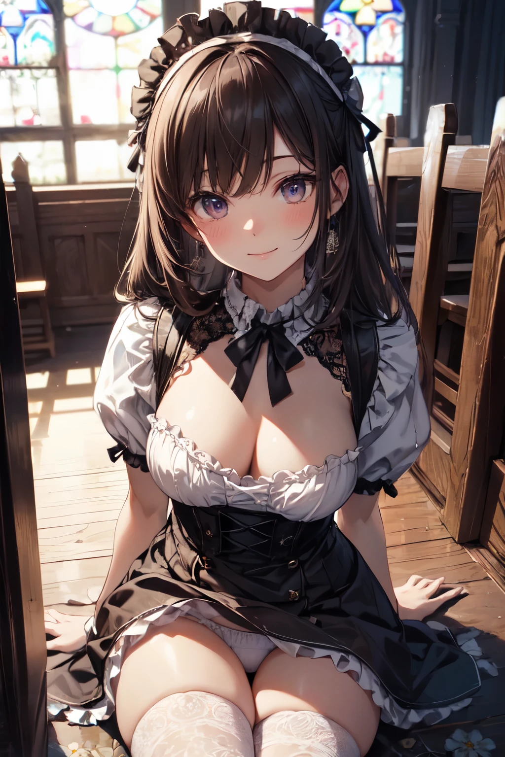 very cute and beautiful girl,(highly detailed beautiful face),
(smile),blush,black hair,cowboy shot,looking at viewer,kneeling,
(floral pattern brown ta dress with detailed frills),detailed lace,(skirt lift,white panties),
altar,church,indoors,
(best quality,masterpiece:1.0),absurdres,highres,ultra-detailed,extremely detailed,32k,8k resolution,
intricate details,cinematic scene,detailed background,solo,dynamic angle,realistic,