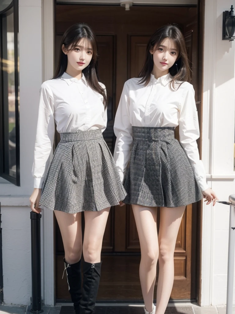 1girl、Standing in front of the viewer、Masterpiece、Official Art、high waist、Brown and dark brown houndstooth A-line dress、Sharp piping at transitions and edges、Super detailed、super beautiful、white straight short hair、Knee-high boots、