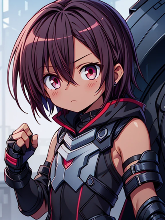 Masterpiece High res, high definition, male dark skin, cute shota,red eyes, dark brown hair, medium dark brown hair,wearing a black exoskeleton, detached sleeves, black armoured Gauntlets, black tech jacket, black bodysuit,black exoskeleton, black fingerless gloves, blue gems, close up
