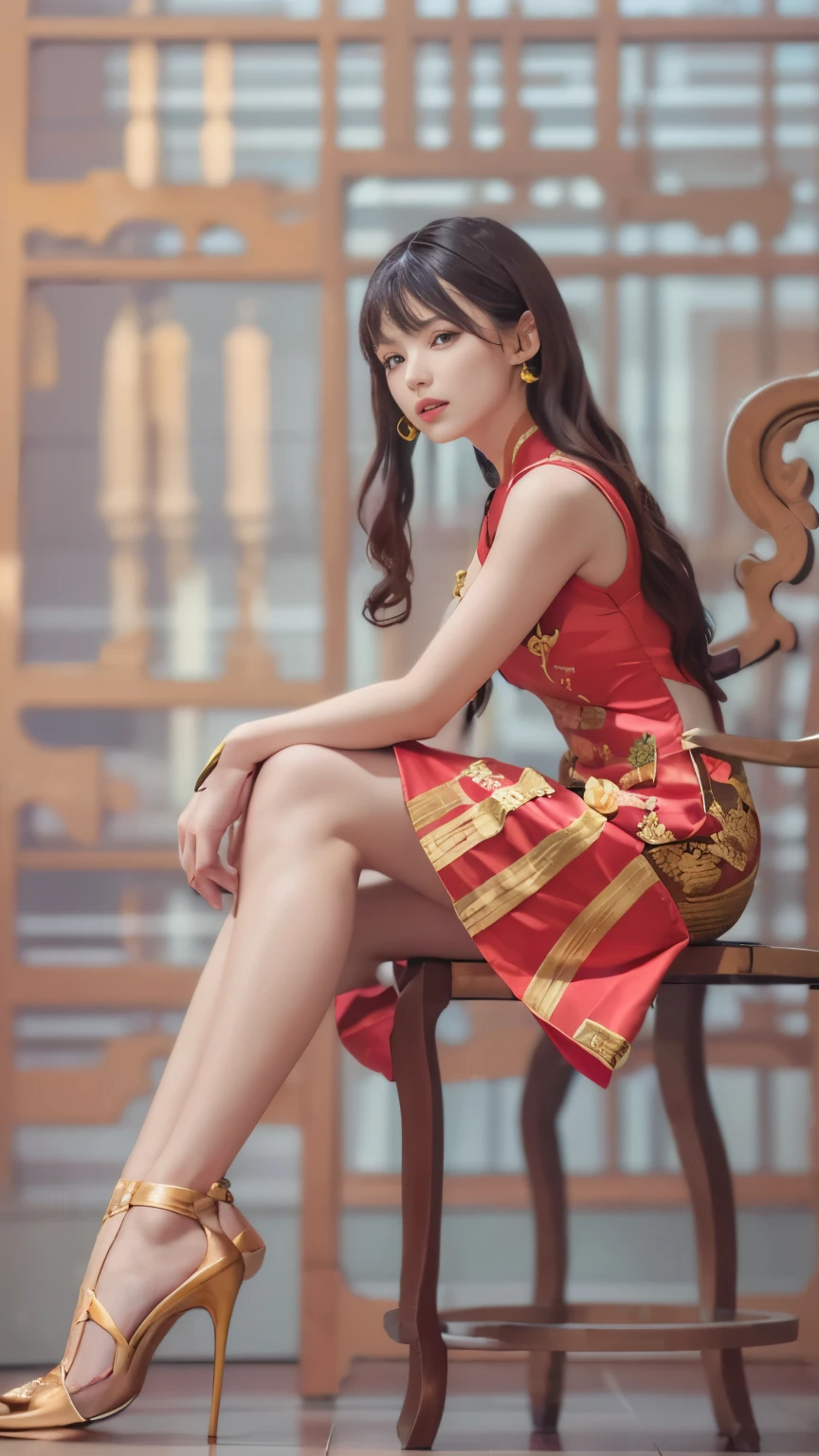 best quality, masterpiece, A girl, cheongsam, Crimson Stripes, fighting, necklace, carbon fiber, Robotic palm, Body Proportions, Golden Ratio, Looking at the audience, protrait photo, Side view photo, Exquisite facial features, Beautiful big eyes, Flip forward and backward, Sexy, Cold Eyes, Real hair , short hair, 8k, pyga--automatic，cheongsam，,(Very long legs，Straight Legs),,High heel,Long legs,stand up, Leg length from the front, Perfect body,Have perfect legs,(bait)，Full body female，1 busty girl，