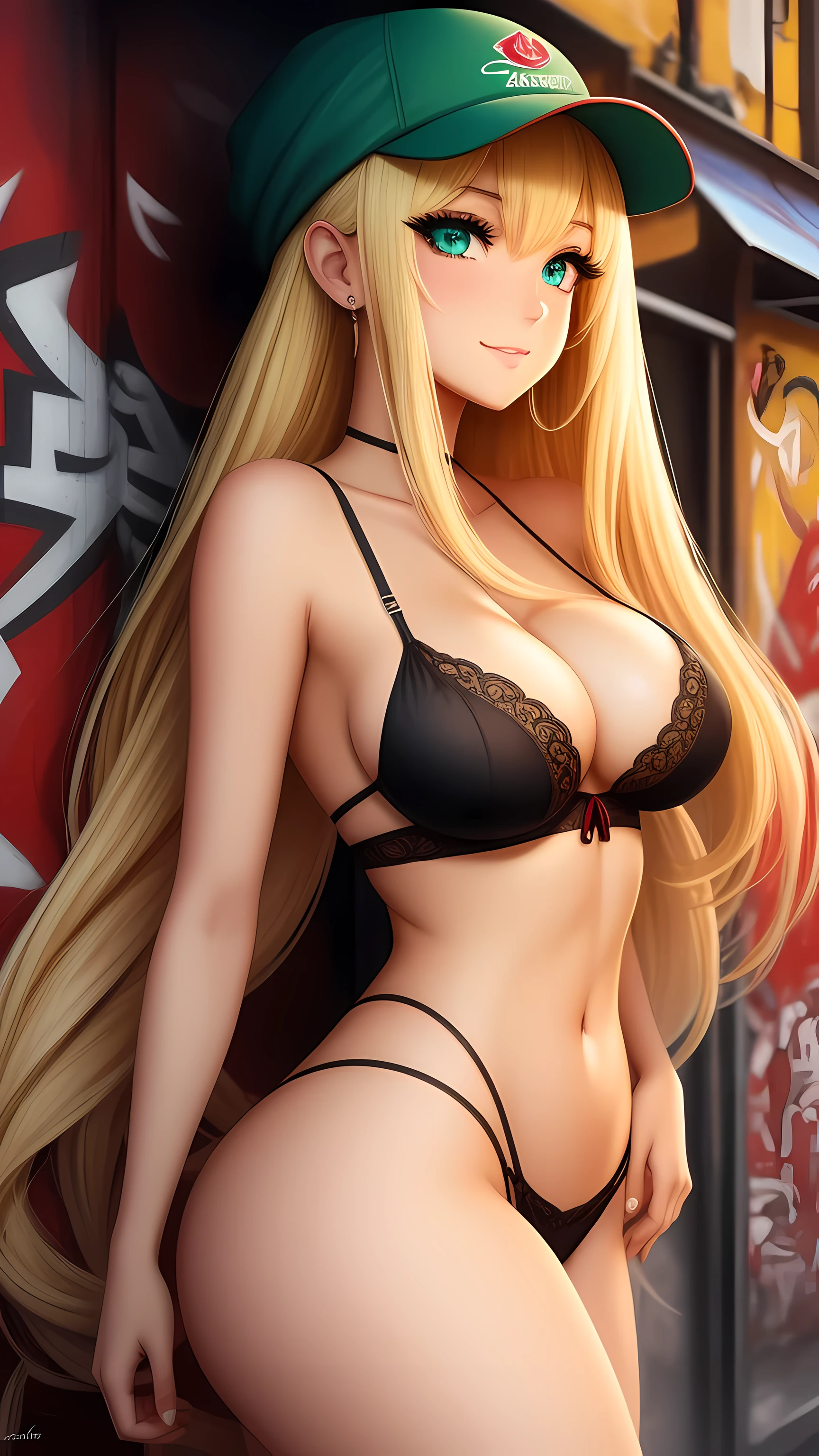 beautiful girl, attractive face, green eyes, sharp eyebrows, broadly smiling, big breats, layered long twintail blond hair, blush eyeshadow, thick eyelashes, applejack hat, red lingerie, graffiti alley, outside, (Highest Quality, Amazing Details:1.25), (Solo:1.3), Brilliant Colorful Paintings, full body, dark skin,