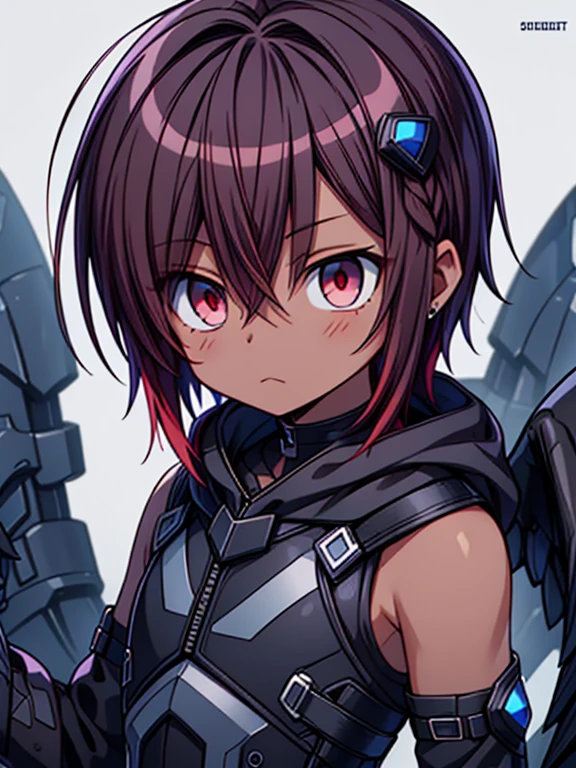 Masterpiece High res, high definition, male dark skin, cute shota,red eyes, dark brown hair, medium dark brown hair,wearing a black exoskeleton, detached sleeves, black armoured Gauntlets, black tech jacket, black bodysuit,black exoskeleton, black fingerless gloves, blue gems, close up
