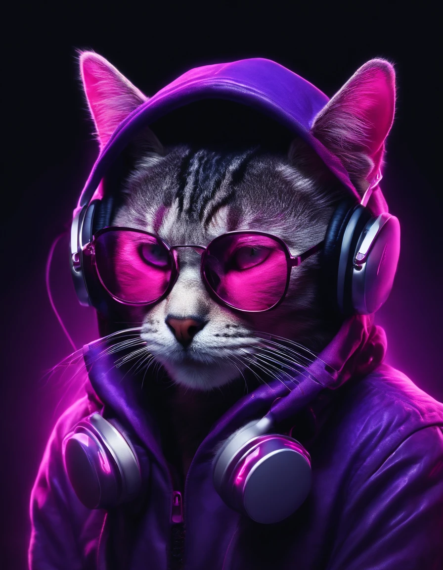 Gel lighting illuminated by pink and purple neon lights on a dark background, with an anthropomorphic cat wearing a hood, sunglasses and headphones as the main subject.”