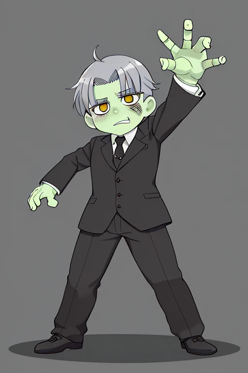 gray backguround,chibi,full body,standing,high resolution,Landscape,frankenstein's monster,Lower your hands,Empty-handed,sideways,standing,Stand upright, low two hands,Frankenstein,In a suit.Scars on the face,good physique