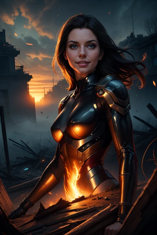 Bokeh, raw, dappled light on a woman 30year old, katana, holding katana, cyborg, bodysuit, upper body, stand, small breasts, high heels, action pose, dutch angle, outdoor, future city, ultra detailed, professional light, cinematic lighting, ambient lighting, atmospheric effects, Imagine a world where the sky is always covered in a veil of ash, where the sun is no more than a faded memory in the minds of those who have lived to remember it. The cities are in ruins, the forests have burned visibly, and the oceans have receded, leaving behind only salt deserts. In this apocalyptic scenario, it tells the story of a wise woman who guards the last garden on Earth, a hidden oasis where life persists against all odds. Describe his daily struggle to protect this piece of paradise, his reflections on the world that once was, and his hope for the future, cloudy sky, fog, debris, dust, bleak atmosphere,, fog particle effects, night light, flirtatious look, dark cinematography, mood lighting, cinematic lighting, volumetric lighting, masterpiece, best quality,8k, ultra realistic, rule of thirds, dramatic overhead lighting, detailed face, cute, shallow depth of field, intricate details,