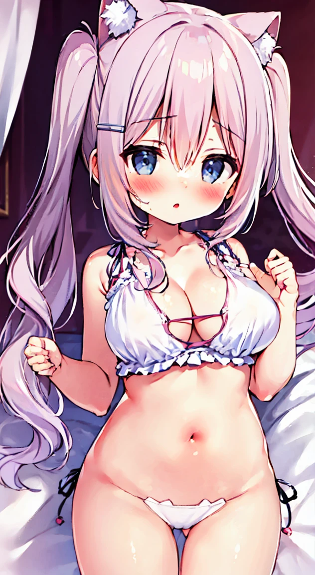 side tie panties,ribbon good, ribbon panties,cat bra, lace panties,twin tails,blush, full-face blush,masterpiece, highest quality, (anime screencap:1.3),(shape), cute,(simple:1), (anime:1.2),Solo Sharp Focus, 1 girl, cleavage,looking at the viewer,, Are standing,,(NSFW:1.2)room,bed,((pink color underwear)),big breasts,beautiful bust,beautiful hips,emphasize the chest,((cat lingerie))bed,