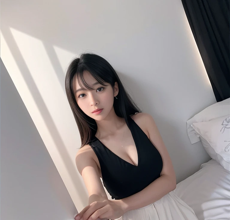 debris flies、highest quality、super fine、Understood、High resolution、8k wallpaper、perfect dynamic composition、(((Full body Esbian)))、((from below))、20 year old cute girl、detailed beautiful face、delicate and cute eyes、fine-textured skin、My cheeks turned red、(straight black hair)、take a selfie with your mobile phone、room、white background、White Room、take a selfie with your mobile phone、small bust