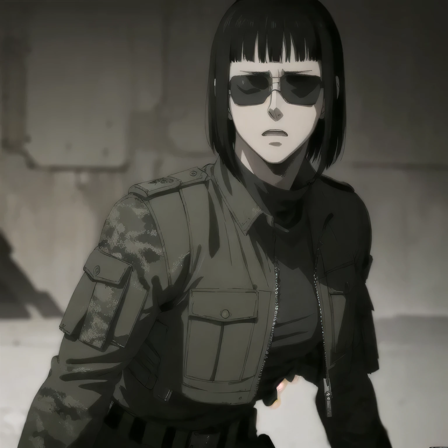 (best quality,ultra-detailed,realistic:1.37),musclaur badass girl wearing Camouflage leather jacket Camouflage combat trousers, full review of the female character's face and body, intense expression, strong and confident posture, studio lighting, vivid colors, physiologically-based rendering, grungy texture, rugged background, dust particles in the air, commanding presence, professional, powerful, gritty aesthetics,,Valmet،short hair,sunglasses,back angle