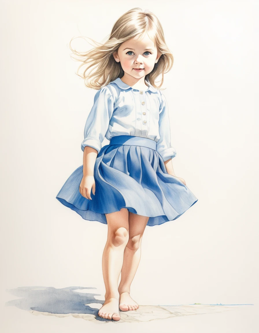 Pencil drawing of a four-year-old girl in a blue skirt with bare feet  