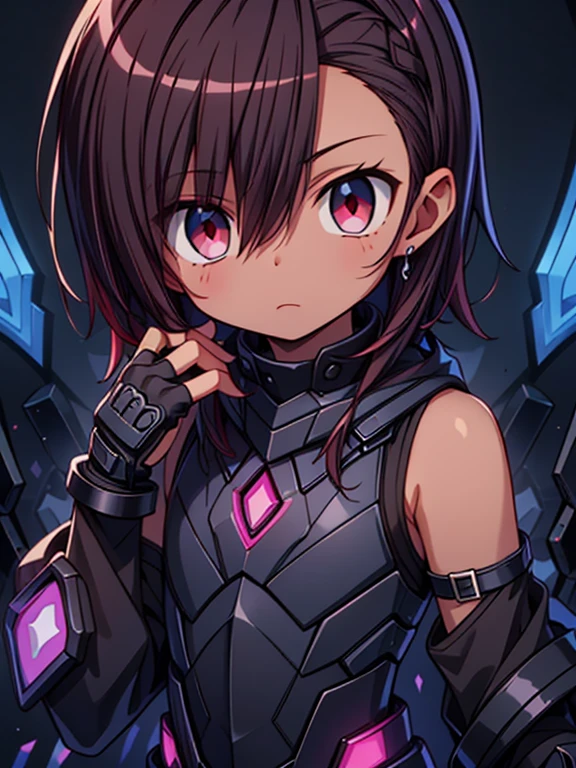 Masterpiece High res, high definition, male dark skin, cute shota,red eyes, dark brown hair, medium dark brown hair,wearing a black exoskeleton, detached sleeves, black armoured Gauntlets, black tech jacket, black bodysuit,black exoskeleton, black fingerless gloves, blue gems, close up
