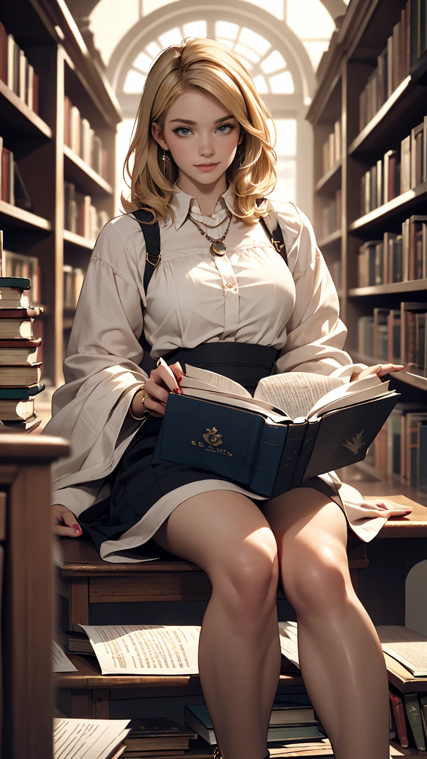 ((最high quality, 8K, masterpiece: 1.3, Ultra HD, high quality, 最high quality, High resolution, realism)) 、A 22-year-old extremely beautiful white woman、Hair color blonde、blue eyeedium Hair、Straight Hair、smile、Slender but well-proportioned body、Background blur((depth of field))、Aerial perspective((atmospheric perspective))、I want my head to stay off screen、Put an anklet on your ankle、Wearing red nail polish、I have a peticure、Search for books in the archives of a historic library、Librarian、stepladder((step))Sit down and read a book