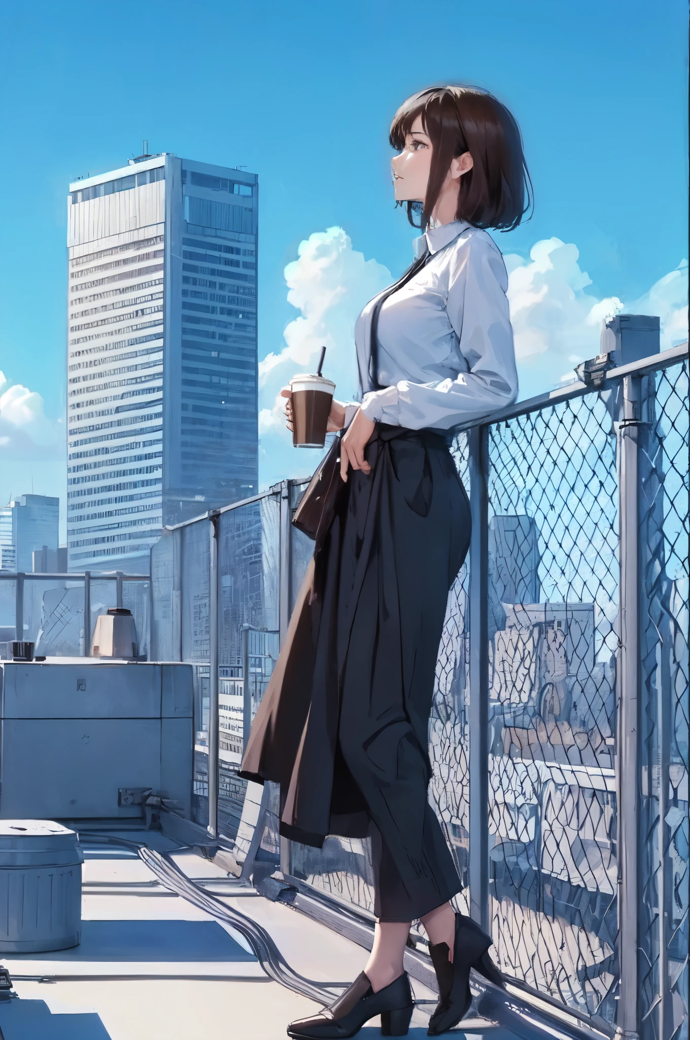 1lady standing, (leaning against wire mesh), (looking up at the sky), office worker outfit, mature female, /(black hair/) bangs, (light smile:0.7), (looking off into the distance), (masterpiece best quality:1.2) delicate illustration ultra-detailed, large breasts BREAK (holding coffee cup in hand), (holding jacket) BREAK (rooftop of building), outdoors, railing, blue sky, rooftop facilities, cityscape, detailed background