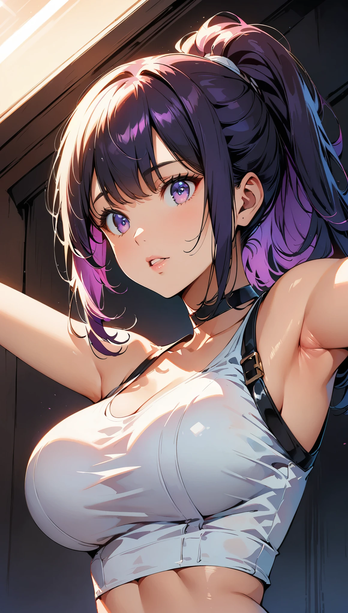 (highest quality:1.2, Comic Artwork, Comic book style, Very detailed, up to date, Vibrant, digital coloring, High Contrast, masterpiece:1.2, Best Quality, Best aesthetics, aya), alone, (((young woman))), (detailed expression), (Small face), (Skin with attention to detail:1.2), Sexy Woman, Long eyelashes, glossy lips, (Purple Hair, ponytail, one eye is hidden, Purple eyes), Perfect Face, Cute face, Shiny skin, (Big Breasts), (Slender body:1.2), (Riders jacket, Short T-shirt), choker, Great body lines, Lift your arms to show your armpits, Leather pants, (((Lower milk visible:1.4))), (Cropped tops:1.2), night:1.3, Bright colors, bold typography, studio illumination, Realistic light and shadow with attention to detail,