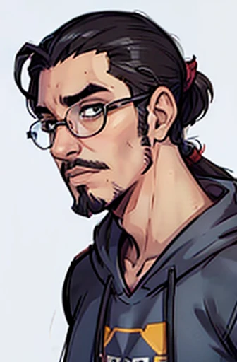 1man, lanky, chubby, glasses, goatee, ponytail, nerd, awkward, comfy clothes, portrait