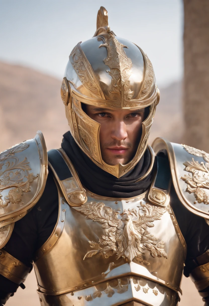 A photorealistic depiction of a (male) formidable warrior adorned in a gleaming suit of white and gold metal armor that exudes strength and opulence. The armor is immaculately polished, with a glossy finish that reflects the surroundings in remarkable detail. Every crease and contour of the armor is visible, showcasing the craftsmanship that went into its creation. The warrior stands with an air of confidence, ready for battle. The camera lens is a 135mm+, capturing the extraordinary level of detail in stunning K UHD resolution. The lighting is expertly controlled to emphasize the reflective qualities of the armor, creating a mesmerizing and lifelike image, (((masterpiece))), (high res), (photo realistic:1.4), (cinematic)