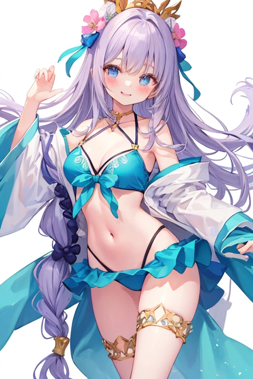 Beautiful illustrations, highest quality, pretty girl,beautiful girl、clear face、 Half-Japanese girl、pastel colour 、blush、Perfect hands、Five fingers、Fantasy、Fantasy、Thighs、(Perfect Face:1.1), smile、Simple swimsuit、bikini