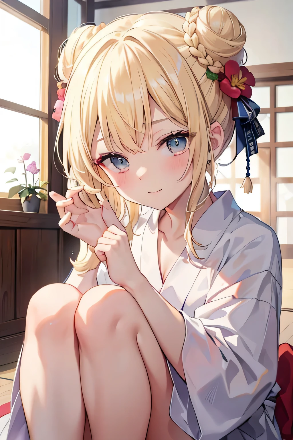((highest quality)), ((masterpiece)), (detailed), Perfect Face、Foot massage、Pain、shout、blonde、yukata、Bun Hair、