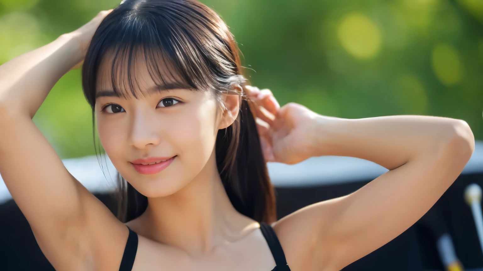 highest quality、Illustration of a girl working in a mechanic's workshop, With full-length images、black hair ponytail、black eye、the presence of moles under the eyes,,、Please wear work clothes、Keep safety shoes on、Smiling in front of a concrete wall