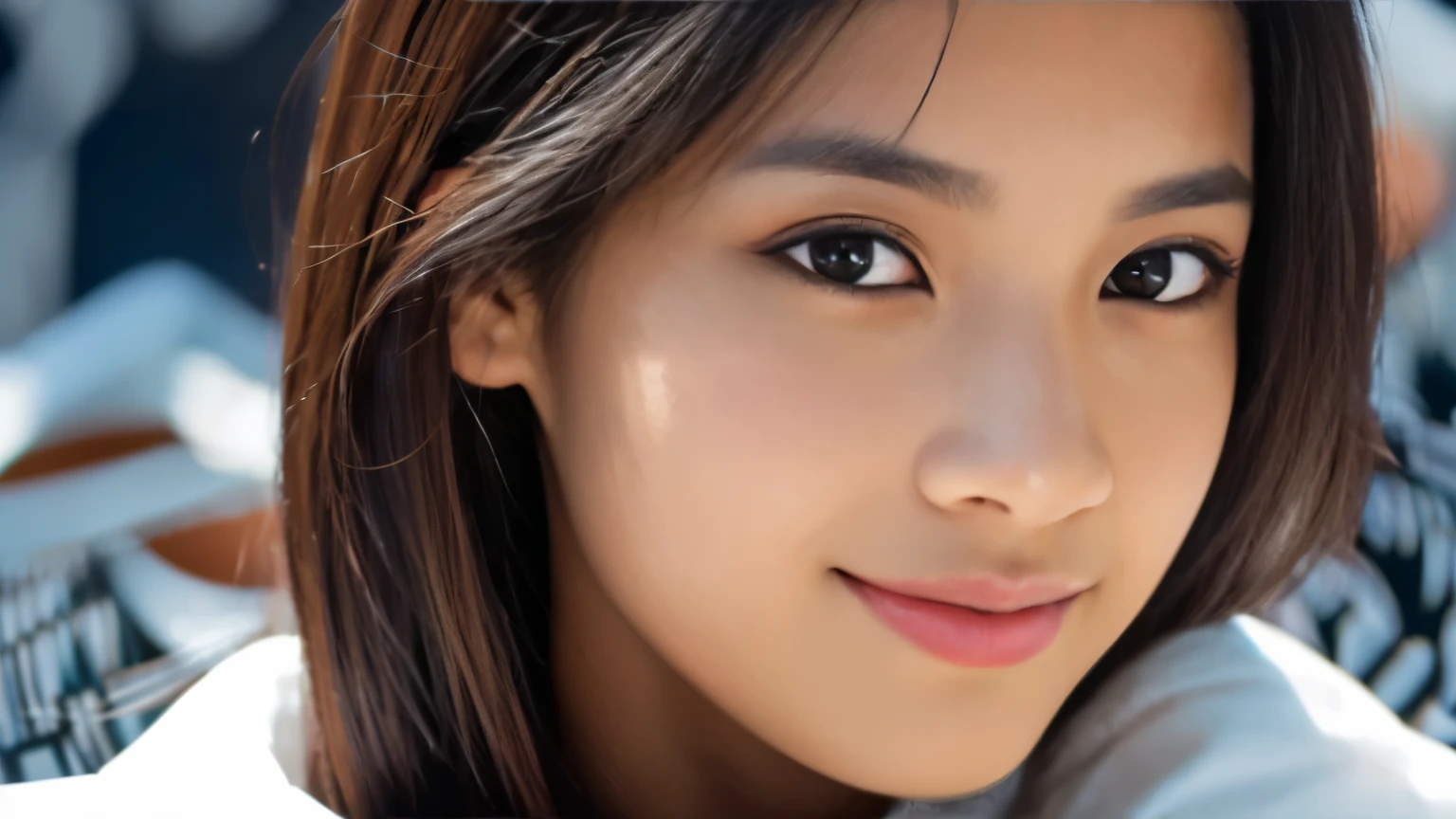 ((Top Quality, 8K, Masterpiece: 1.3, Super A High Resolution)), (Clear Focus: 1.4), Japanese Female, 20 years old, Cute, Alone, Full Body Esbian, (Twisting the Body: 1.1), Light Peel ((black hair), long hair)), sleeveless, white skin, full body image (detailed fabric, detailed fabric, thin: 1.5, very detailed face, very detailed face, detailed face, details dark eyes, narrow eyes, moist eyes, double eyelids, natural skin, red cheeks, detailed skin, sweating, glossy skin, glossy skin, glossy skin, shaded skin, glossy skin, makeup, dense lips, fair complexion Lips, Smile, Break HA, (Big Breasts): 1.1), Beautiful Leg Line, Beautiful Long Legs, Looking at Camera, BREAK, (Detailed Background: 1.1, Outdoor Concert: 1.8), Natural Light