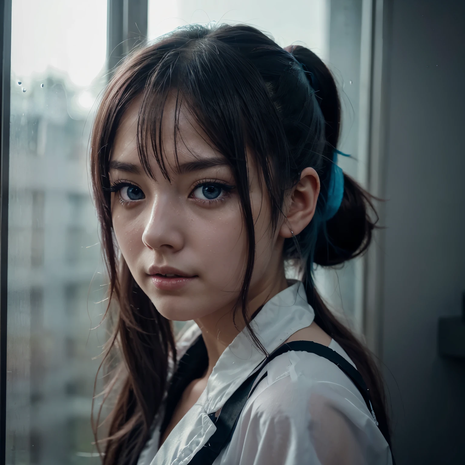 beautiful young digital idol, Hatsune Miku, with long flowing blue ponytail hair, captivating violet eyes, rosy cheeks, wearing idol costume, gazing out the window, dark rainy day, melancholic, atmospheric, muted tones, raindrops on the pane, clean lines, intricate details, best quality, 4K, HDR, studio lighting, physically-based rendering, extreme detail description, realistic, sharp focus, depth of field,cinematic effect, rainwater droplets, dark colors, soft-lit, moody, contemplative. Anime girl