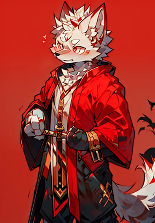 best quality,Delicate style,Exquisite lines,White Wolf Orcs,male,Red pupil,Red and white robe,Serious expression,Pinch a red spider lily with your left hand,The long sword in my right hand is covered with red spider lilies,Standing on black water,
