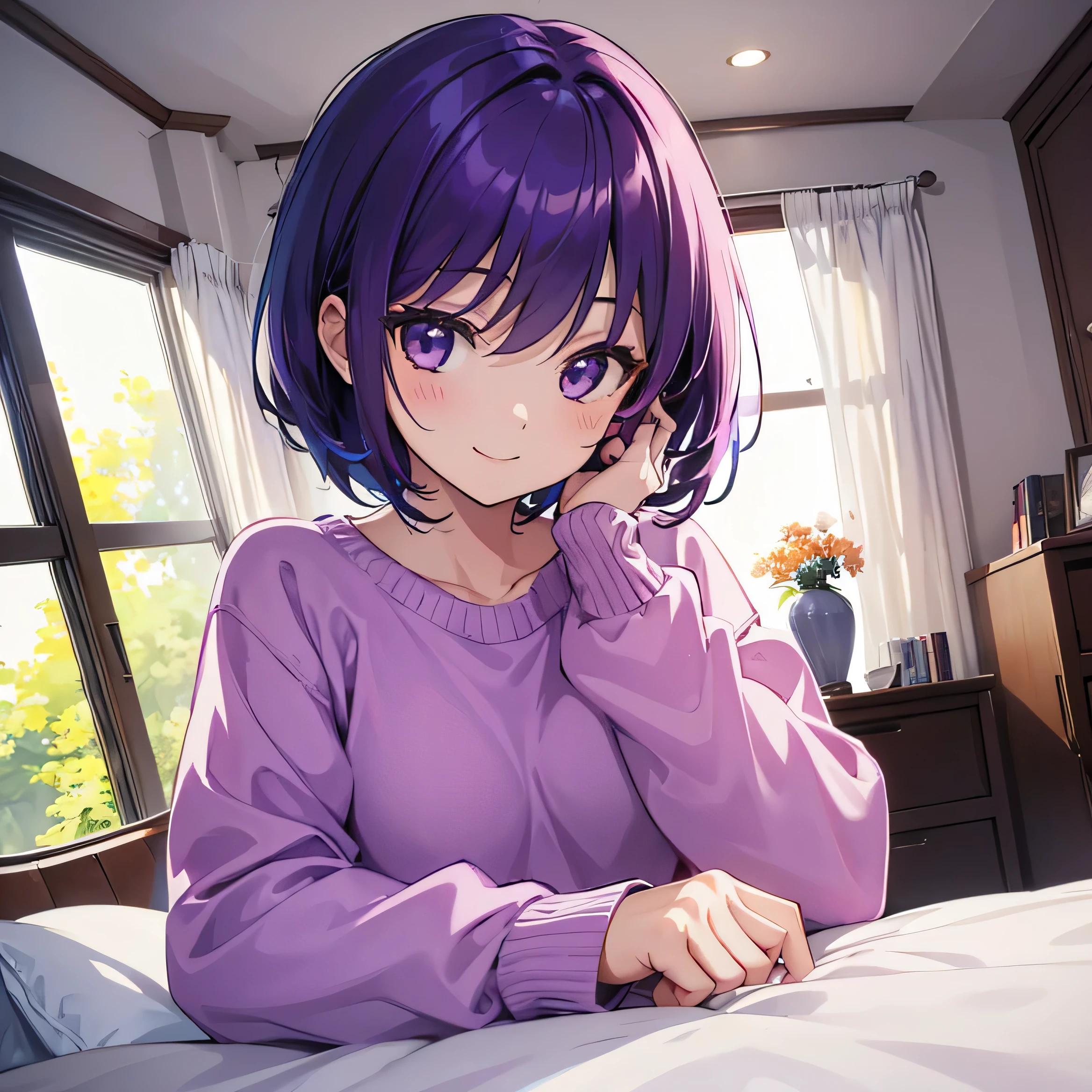 (T Masterpiece,4k wallpaper,Best Quality))、((girl1people))、(solo)、Bright and Brilliant,(Purple Hair)、(Shortcuts:1.3)、smile、Bedroom、sweater、morning