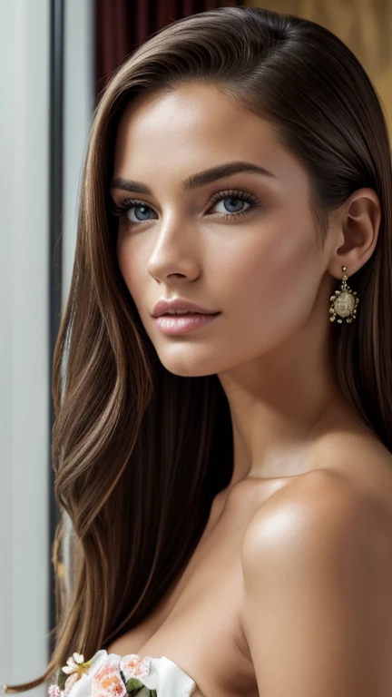 RAW portrait photo of 1 long-haired brunette woman, profile image, Brazilian top model, brunette with dyed blond hair, semi-nude, in a floral strapless dress, soio, reveals her body, transparent, sitting frontally on a bed in a luxury hotel room, very detailed, front view, front face, skin imperfections:1. 5), detailed, specular lighting, DSLR, ultra quality, sharp focus, film grain, sharp features, soft natural lighting, magical photography, natural lighting, Photo realism, ultra detailed, 8k, best quality, Ultra High Nadaolution, (photorealistic: 1.4), high resolution, detailed, raw photo, sharp, (8k, 4k, best quality, high, Ultra High Nada:1.1), (masterpiece, realistic, realistic:1.1), Style Brut 50
