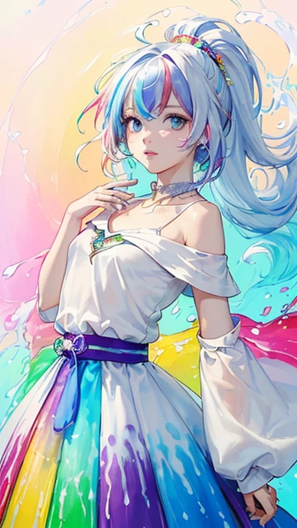 (Pink Fashion T-shirt:1.9),(colorful hair: 1.8), (All the colors of the rainbow: 1.8),(((((vertical paintinging:1.6))), (paintinging:1.6),front, comics, illustrations, paintingings, Large target eyes, crystal clear eyes,( Rainbow gradient high ponytail:1.7), Exquisite makeup, shut up,(Small fresh: 1.5),(Wipe Chest: 1.6) ,Long eyelashes, White off-the-shoulder T-shirt, White off-the-shoulder shirt,Looking at the audience, Large target、Big watery eyes, (Rainbow hair:1.6), 色彩飞splash, (solitary:1.8), 色彩飞splash, Color Explosion, thick painting style, Messy lines, ((shining)),(Colorful), (Colorful), (Colorful), Colorful, Thick painting Style, (splash) (Color splash), Vertical paintinging, Upper Body, painting splash, acrylic paint, slope, painting, Highest image quality, best quality, masterpiece, solitary, Depth of Field, Face painting, Colorful clothes, (elegant: 1.2), Gorgeous,Long hair, Wind, (elegant: 1.3), (petal: 1.4),(((masterpiece))),(((best quality))),((Ultra Detailed)),(illustration),(Dynamic angle),((floating)),(),((Messy hair)),(solitary),(1 girl) , (((Detailed anima face))),((Beautiful and delicate face)),collar,Bare shoulders,white hair, ((rich and colorful hair)),((Striped hair)),Beautiful and delicate eyes,(slope color eyes),(((Colorful eyes))),(((Colorful background))),(((High Saturation))),(((surrounded by Colorful splashes))),