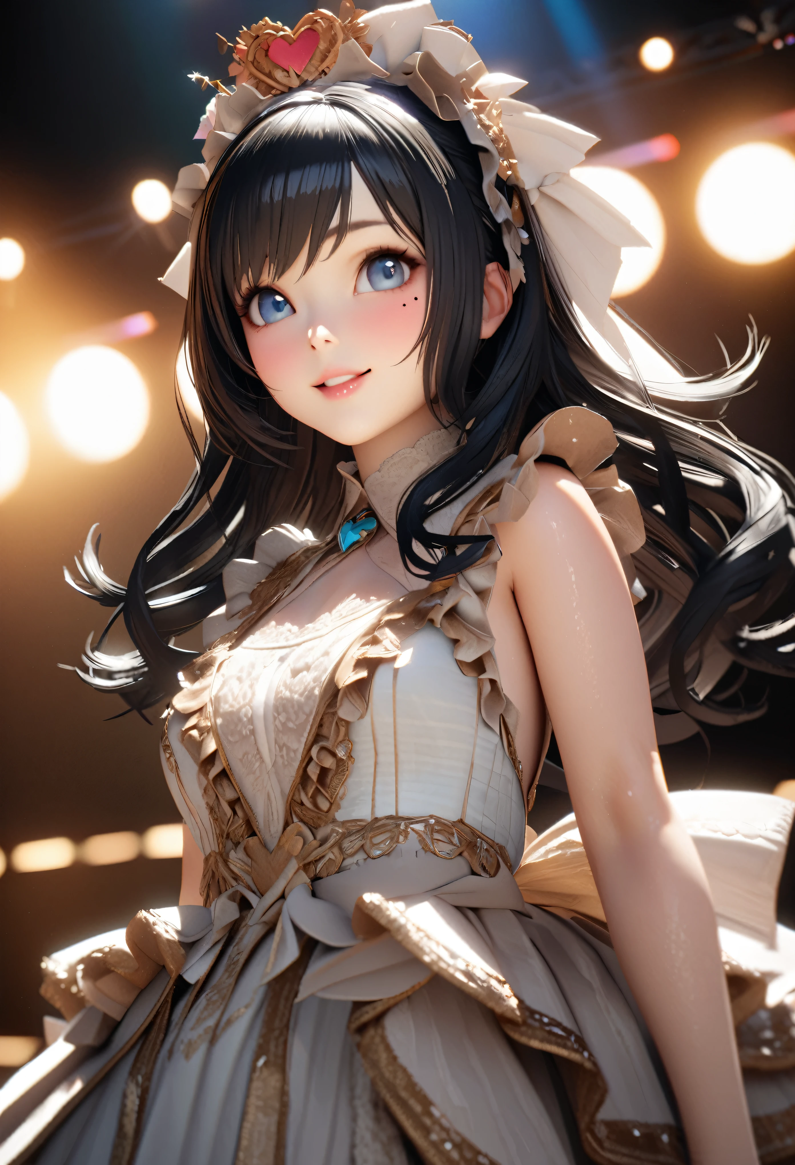 One Girl、Looking at the audience、
Beautiful Blue Eyes、Long black hair、Mole under the eye、Plump and glossy lips、Heart-shaped choca、Idol、smile、ー、。.。.。.。.。.。.。.。.。.。.。.。.。.。.。.。.。.。.3D、Realistic、
Princess dress with too many frills、Drape clothes、gem、The decoration has been removed、Floral、Lace trim、bright stage、
masterpiece、highest quality、8k、Detailed skin texture、Detailed cloth texture、Beautifully detailed face、Intricate details、Very detailed、
超A high resolution、8K Ultra HD、Film Grain、Best Shadow、delicate、Gazing at the audience、front